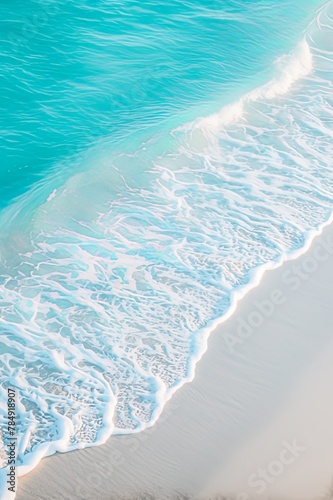 Top View of a Beautiful Beach  Turquoise Water  White Sand  and Waves Crashing on the Shore. A High-Quality Image Capturing the Relaxing Atmosphere of a Tropical Sea.