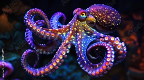 Vibrant octopus swimming in the dark, radiating light. AI Generative.