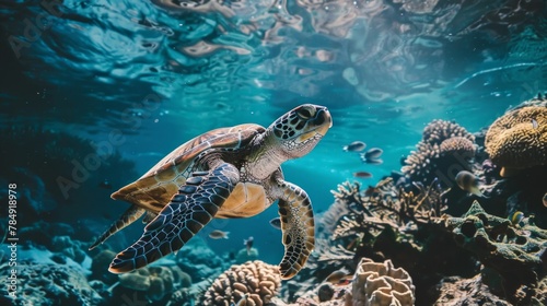 Sea turtle swimming near coral reef. AI Generative.