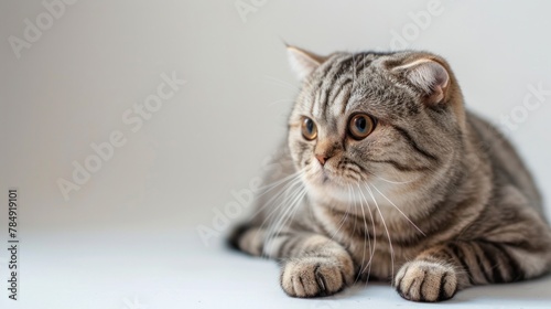 Adorable Scottish Fold cat sitting alert on a white background, showcasing its unique folded ears and striking eyes AI Generative.