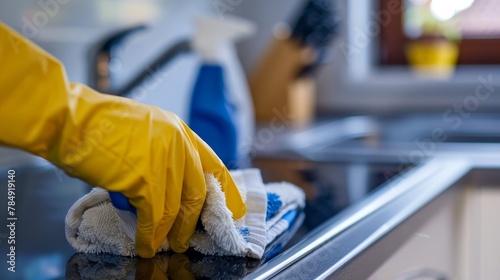 Close-up of hand in yellow gloves cleaning the modern kitchen counter, end of tenancy cleaning AI Generative.