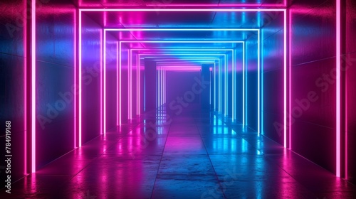 Abstract neon light geometric background.  Glowing neon lines.  Empty futuristic stage laser.  Colorful rectangular laser lines.  Square tunnel.  Night club empty room.  Laser show design