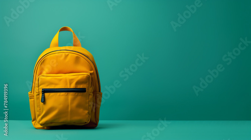 Classic school backpack on colored background. yellow briefcase and green background