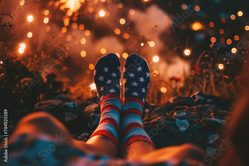 Feet of a girl in american flag socks on the background of fireworks.