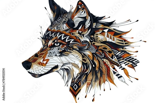 Hand drawn wolf head with tribal ornaments, Vector illustration