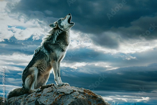 A wolf sitting on a rock with a stormy sky in the background