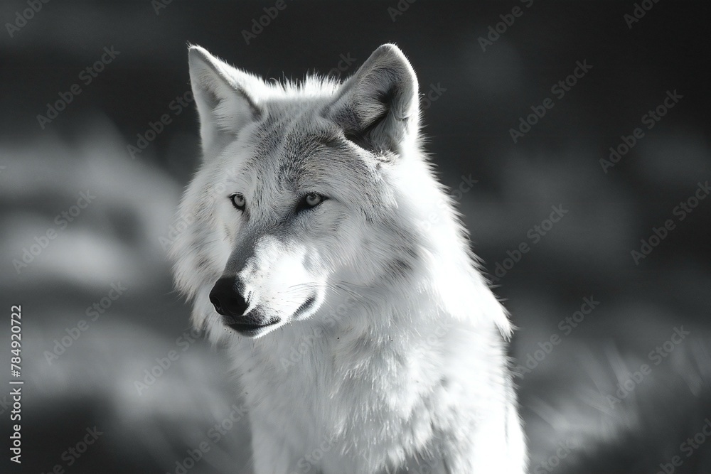 Portrait of a white wolf on a black and white background