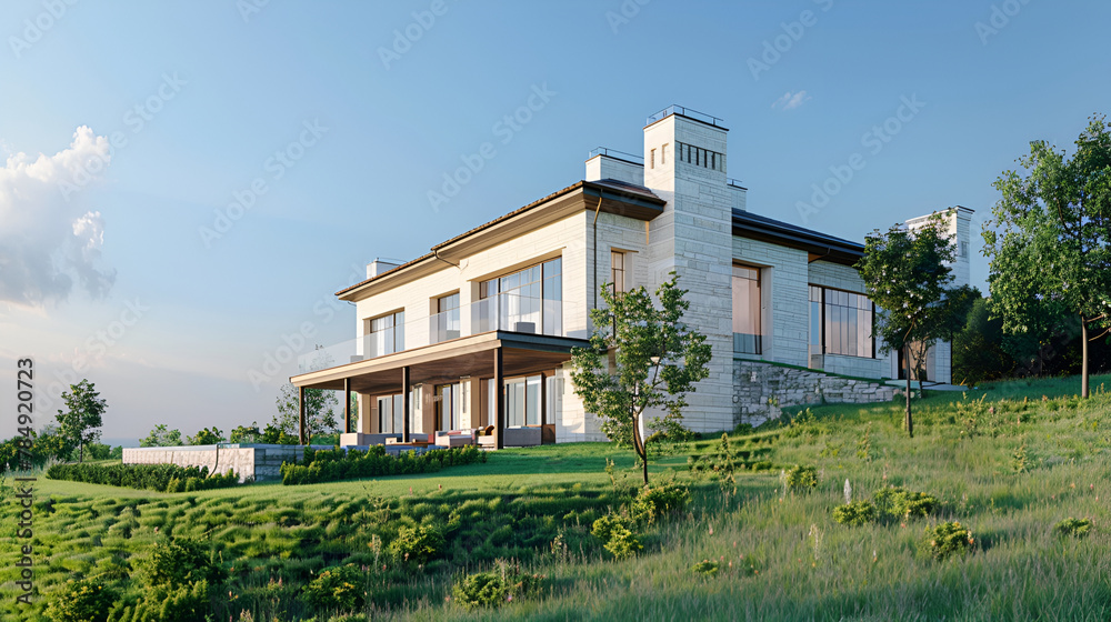 beautiful modern house ,Front view of a isolated modern house with a big lawn , house style on grass hill with pool and beautiful background, relaxation time, villa house concept, Architecture design 