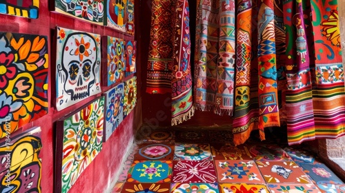Bold red tiles cover the floor reminiscent of the streets of Mexico. The walls are adorned with handwoven tapestries featuring vibrant images of traditional Mexican celebrations such .
