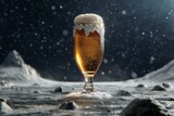 Frosty glass of beer on dark background with falling snow