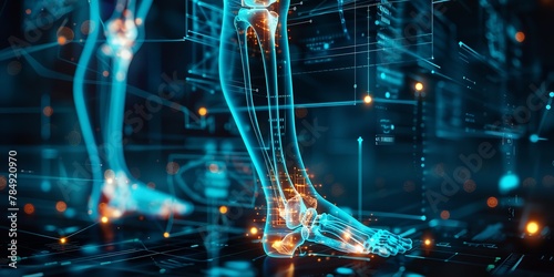 An illustration of double exposer of pain in leg with orange or red radiation with a big space for text or product advertisement, Generative AI.