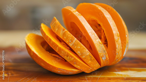 A winter squash, known as pumpkin or calabaza, is placed on a wooden cutting board. This staple food ingredient is from the Cucurbita gourd family photo