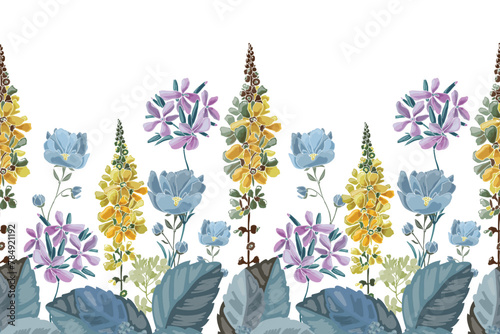 Vector floral seamless pattern, border. Blue and yellow flowers