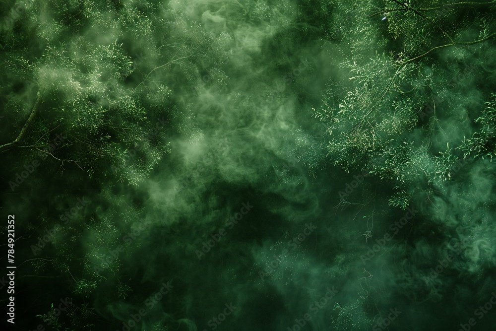 Fog in the forest,  Dark green foggy background,  Copy space