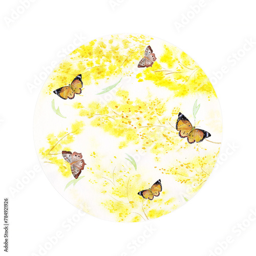 Frame with watercolor mimosas and butterflies, round spring and summer theme background, natural texture, yellow flowers, frames for text of cards, cosmetics, dishes, posters.