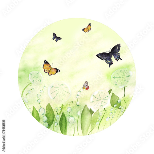 Frame background with butterflies and dandelions, green field with fluffy flowers, round watercolor illustration hand drawn, space for text, basis for brand, card, flyer, posters
