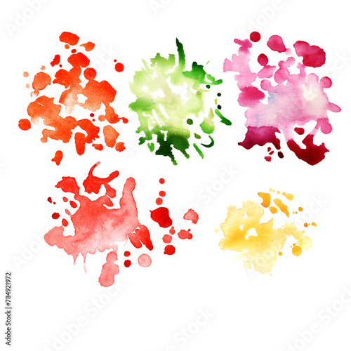 Set of watercolor splash stains, pink, red, yellow, green, orange color, fruity summer shades, hand drawn, suitable as a background, place for text for flyers, cards, menus