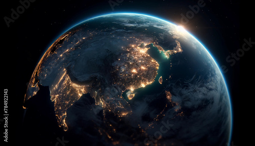 Earth at night as seen from space with China as the focal point
