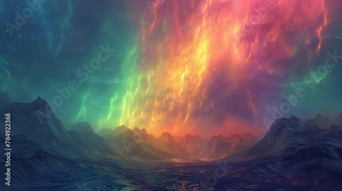 An abstract panoramic landscape of colorful auroras dancing