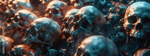 ultra realistic pile of skulls many different views 34 profile dramatic lighting with effects atmospheric 