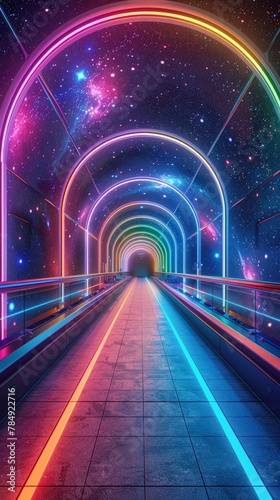 Neon rainbow paths guiding travelers in an interstellar terminal  wide shot  futuristic and inviting