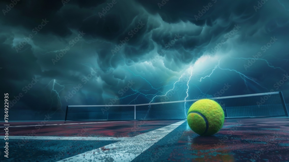 Dramatic Thunderstorm Over Tennis Court with Ominous Clouds and Lightning Bolt