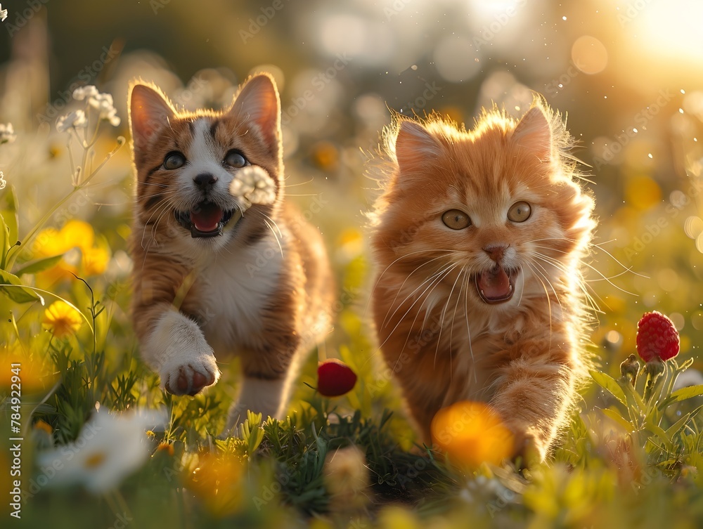 Carefree Canine and Feline Companions Frolicking in the Sunlit Meadow Carefree Canine and Feline Companions Frolicking in the Sunlit Meadow