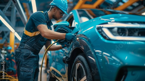 Skilled workers installing the charging port and connectivity features in an electric car