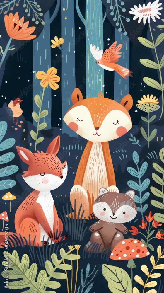 This magical illustration captures the tranquility of an enchanted forest filled with adorable foxes, charming birds, and a variety of whimsical plants. This magical illustration captures the tranquility of an enchanted forest filled with adorable foxes, charming birds, and a variety of whimsical plants.