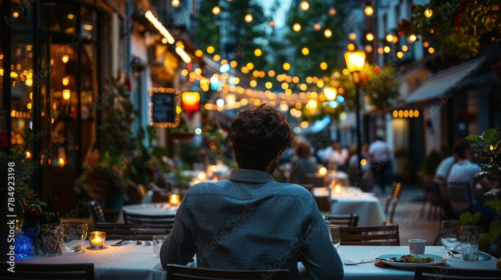 Solo diner at an outdoor cafe, summer evening, street lights, medium shot, contemplative meal