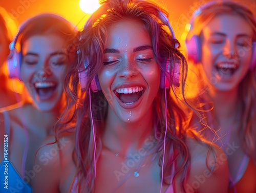 Group of Friends Laughing and Having Fun at a Silent Disco with Colorful Lights and Experimental Style photo