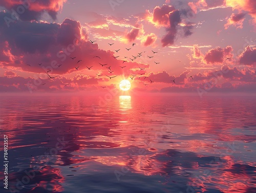 Majestic Sunset Seascape with Glassy Ocean Reflecting Vibrant Pastel Skies and Graceful Seagulls in Flight