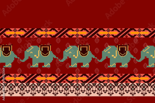Ethnic Elephant with geometric Pixel Art Seamless Pattern.Vector design for fabric, carpet, clothing, embroidery, wallpaper, and background