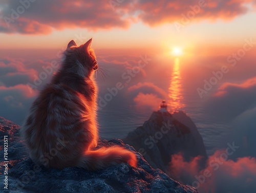 Majestic Sunset Vigil A Feline Guardian Overlooking Vast Coastal Horizons