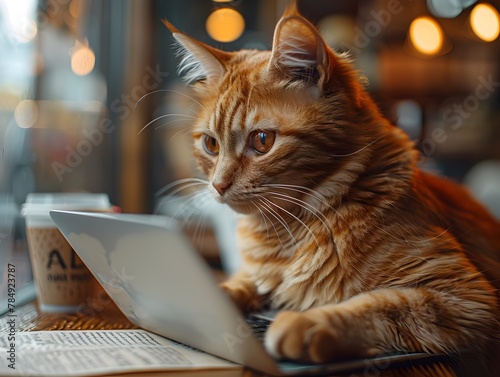 Focused Feline An Orange Tabby Cat Cozying Up to a Laptop in a Cozy Minimalist Workspace