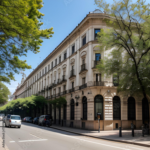 Una esquina de un edificio con una fachada sobria y clásica, generada por IA