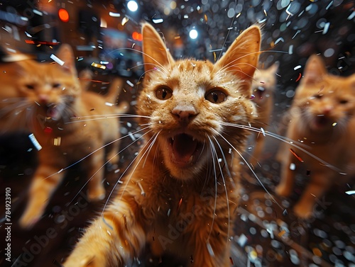 Captivating Close up of an Energetic and Curious Orange Feline in a Dynamic Cinematic Environment with Wet Rainy Conditions