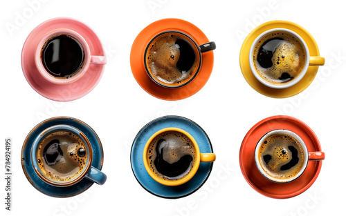 Collection cup of hot black coffee on a transparent background, top view, PNG photo