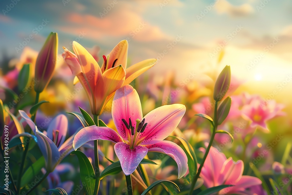 Beautiful lily flowers in the field with a sunrise sky background, dews, landscape photography, high resolution, high quality background