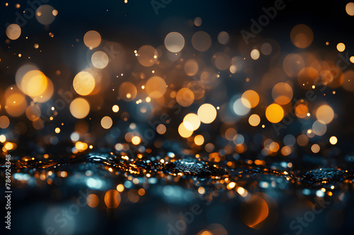 Holographic dark black, yellow backlight falling in at night on blur background. Abstract Texture Background. Beautiful effect light sparkling meteors. Realistic clipart template pattern.