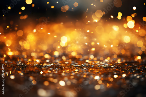 Holographic yellow, gold backlight falling in at night on blur background. Abstract Texture Background. Beautiful effect light sparkling meteors. Realistic clipart template pattern.
