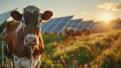 Portrait of cows grazing with evening sun with solar panels in backdrop a concept of using solar panels in farming sector with space, Generative AI. photo