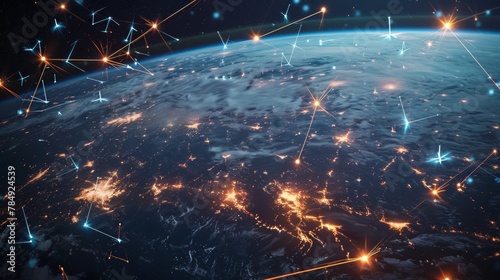 Many Satellites Flying over Earth as Seen from the Space, They Connect and Cover Planet with Digitalization Network of Information. Global Data Grid Connecting Whole World. 3D VFX Rendering