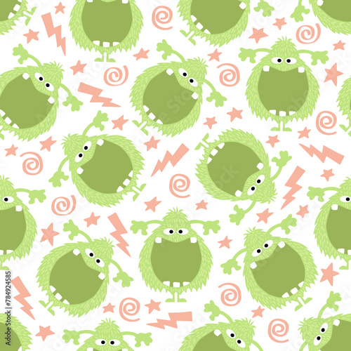 Monster seamless border pattern, funny green fantasy animal squinting with big open mouth, with lightning and thunder, cartoon vector illustration printable for wrapping paper, background, wallpaper