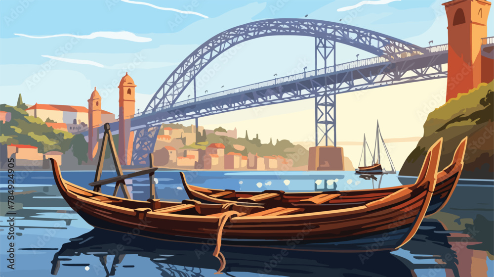Wooden boats in Porto with Luis I bridge on background