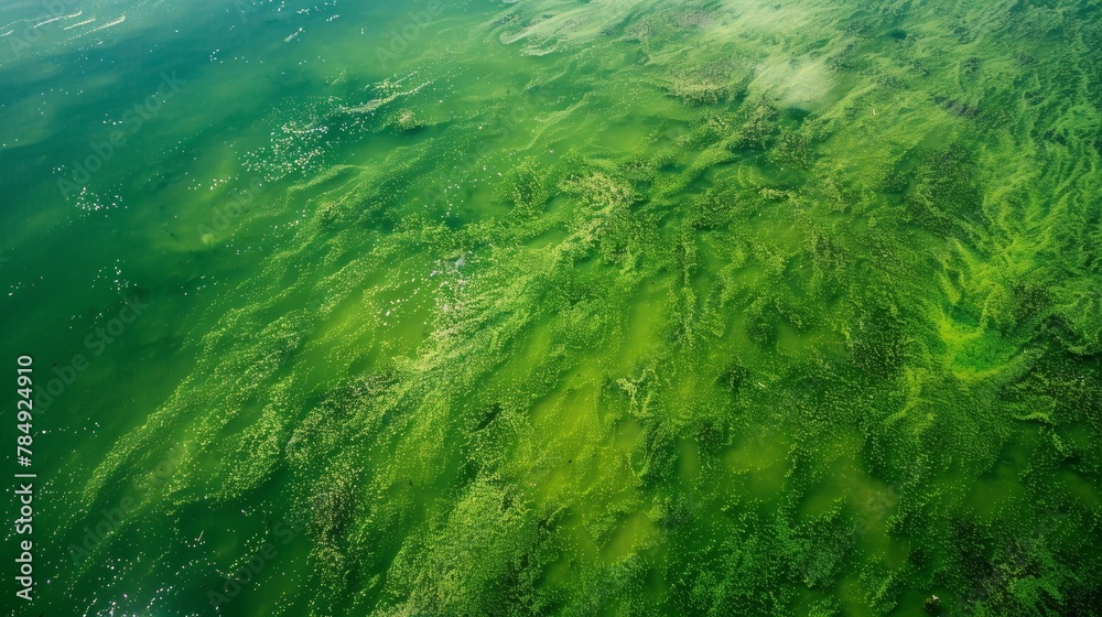 An aerial view of a vast green sea filled with tiny green specks tered throughout. These tiny specks are microalgae the potential tiny titans of energy that could revolutionize the .