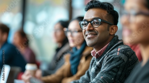 Multiethnic Indian Man Acquiring New Academic Skills in Classroom with Other People. Formal Adult Learning Activity, Undertaken by Diverse Mature Students After Finishing School and College photo