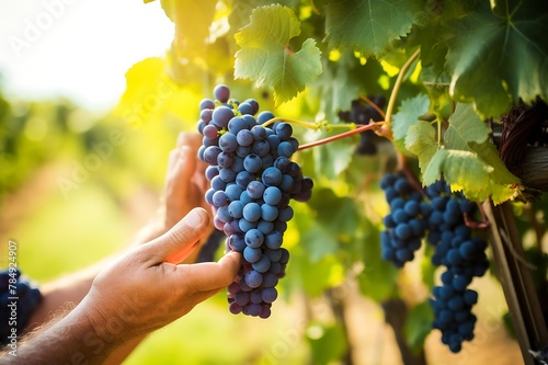 Hand picking ripe Blue grapes from Blue grapes orchard