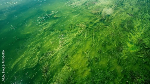 An aerial view of a vast green sea filled with tiny green specks tered throughout. These tiny specks are microalgae the potential tiny titans of energy that could revolutionize the . photo