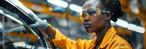 Positive young ethnic woman in workwear and looking at camera while standing in car factory. 